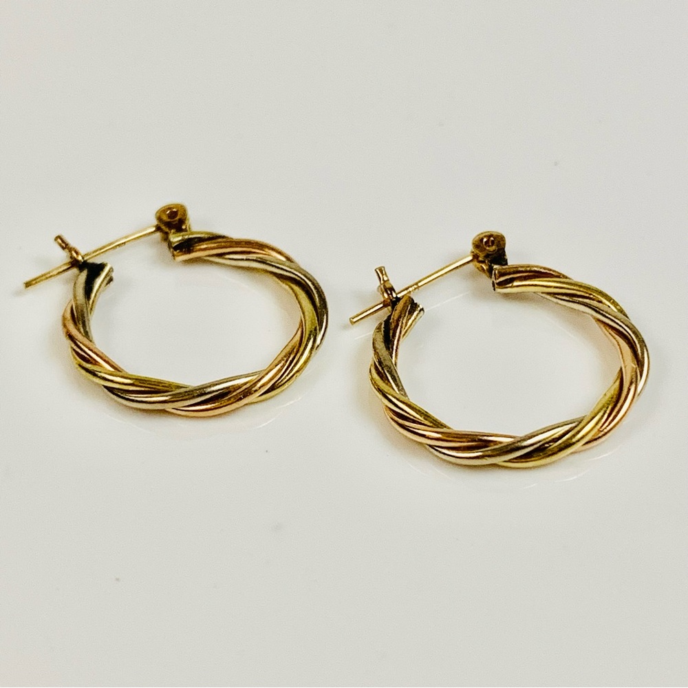 14K Tri-Color Small Twisted Hoop Earrings - Picture 2 of 12